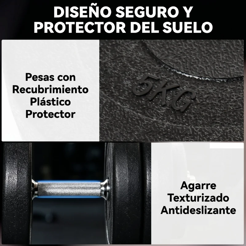 HOMCOM Juego de Mancuernas Ajustables con Barra de Conexión de Acero y Discos Desmontables 8x5 kg 4x1,5 kg Total 50 kg Negro