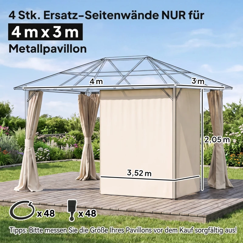 Outsunny Seitenwand 4er Set für 3x4m Pavillon Seitenteile mit Haken 352 x 205 cm Wasserdicht stabil winterfest Seitenteil Seitenwände für Partyzelt Gartenpavillon Beige