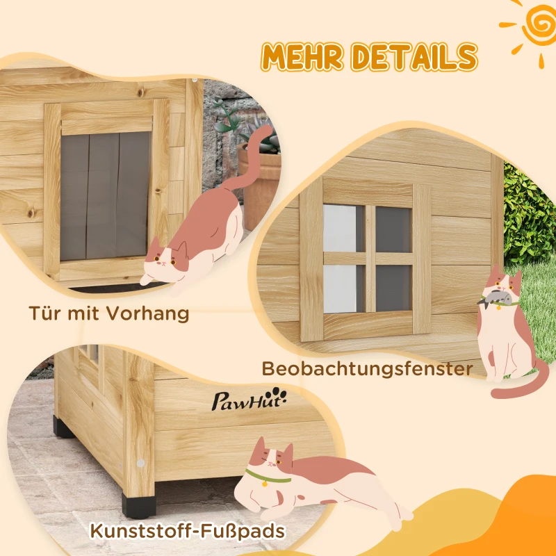 PawHut Kattenhuis Kattenhut Kattenhol, weerbestendig, Kat 6 kg, 57 cm x 45 cm x 43 cm, Natuur(m-6)