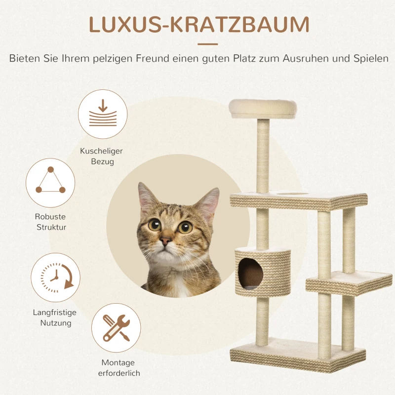 PawHut Katzenkratzbaum Katzenspielzeug Kletterbaum Sisal Polster Liegefläche Sisal samtartiges Polyester Beige+Kaffee 60 x 40 x 135 cm
