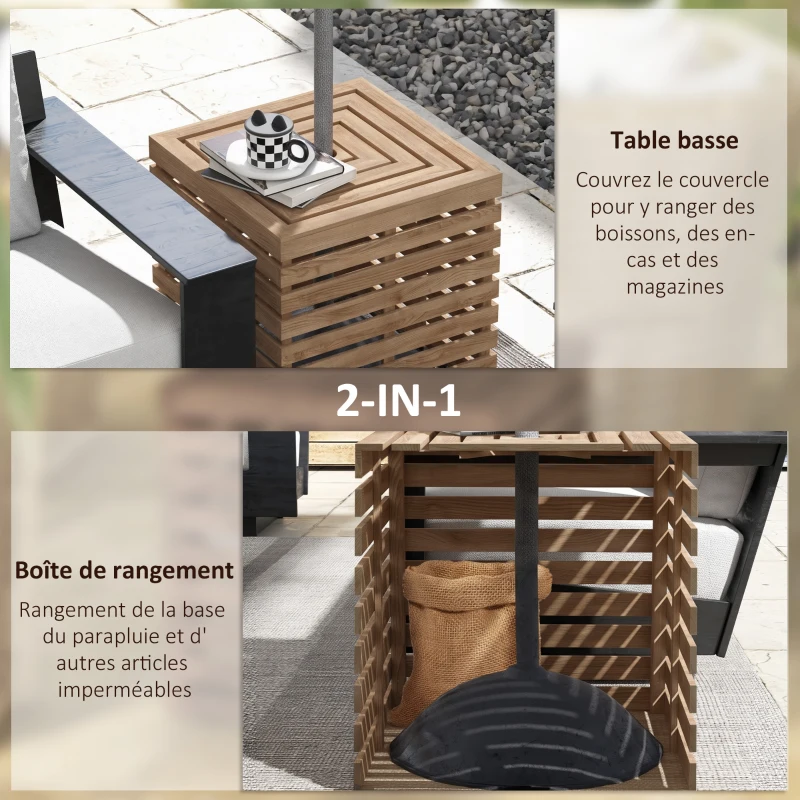 Outsunny Coffre de rangement extérieure 2 en 1 pour base de parasol, table d'appoint de terrasse avec trou pour parasol en bois