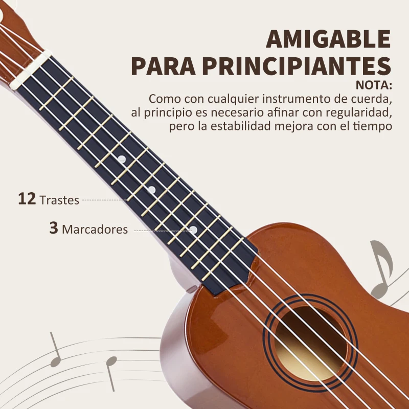 HOMCOM Ukelele Soprano para Principiantes con 4 Cuerdas de Nylon Ajustables Juguete educativo 53x17,5x6,2cm Marrón