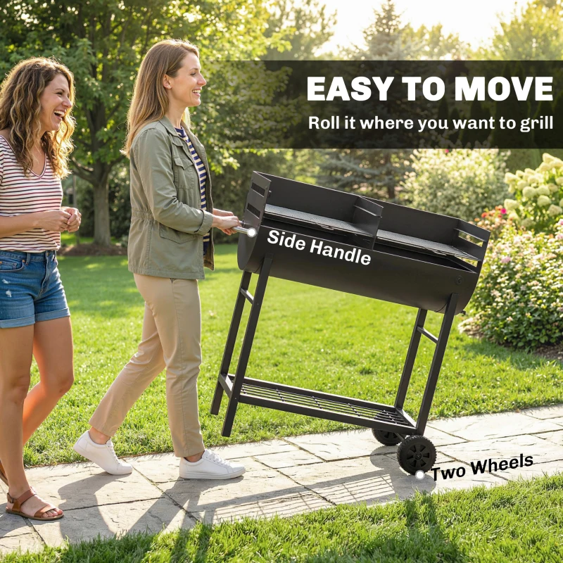 Outsunny Holzkohlegrill Grillwagen mit 2 Grillzonen höhenverstellbarer Grillrost Holzablage Räder Seitengriff, 103 x 46,5 x 100cm