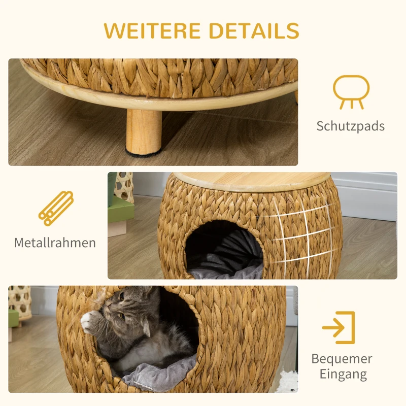 PawHut 2-in-1 kattengrot met waterhyacintgras, wasbaar kussen 44 cm x 43 cm x 42 cm, lichtbruin+natuurlijk hout+grijs