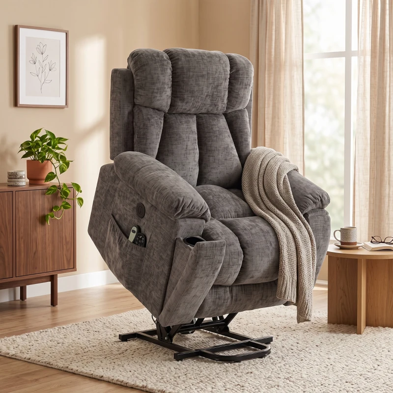 HOMCOM Relaxsessel Fernsehsessel mit Aufstehhilfe, Massage & Wärme, Seniorensessel mit breiter, tiefer Sitzfläche, USB-Anschluss