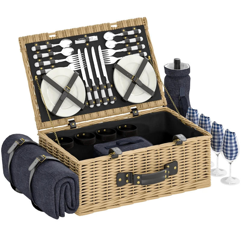 Outsunny Picknickkorb aus Weidenholz Picknickkoffer für 2-4 Personen mit Isoliert Kühlfach Besteck Set Naturholz