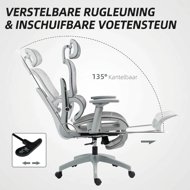 HOMCOM Bureaustoel, ergonomische bureaustoel met mesh-bekleding, verstelbaar, verrijdbaar, met armleuningen, hoofdsteun, grijs(m-6)