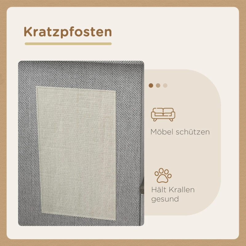 PawHut Kattenhuis, voerbak met 2 roestvrijstalen kommen, krabmat, zacht ligkussen, 78 x 48 x 49,5 cm, grijs