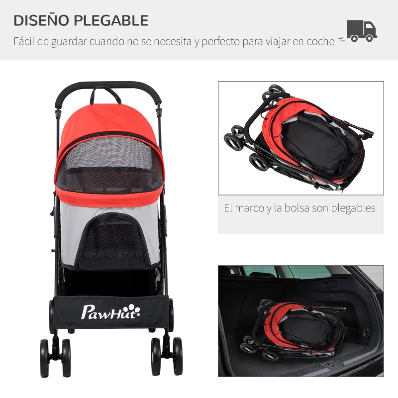 PawHut Carrito para Perros Pequeños 3 en 1 con Vagón Desmontable Cesta de Almacenaje Correas de Seguridad y Cojín Rojo