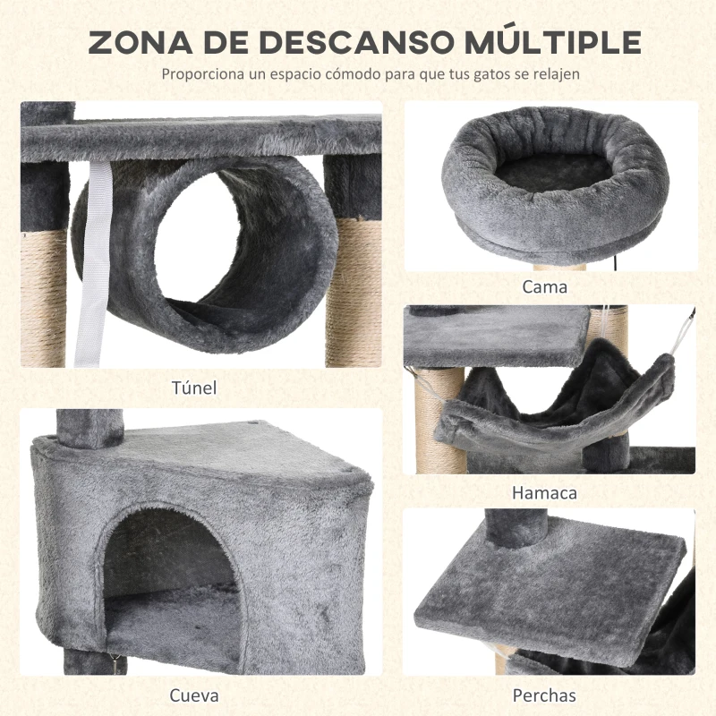 PawHut Torre para Gatos 154 cm con Plataformas Túnel Hamaca y Postes de Rascado de Sisal 60x40x154 cm Gris