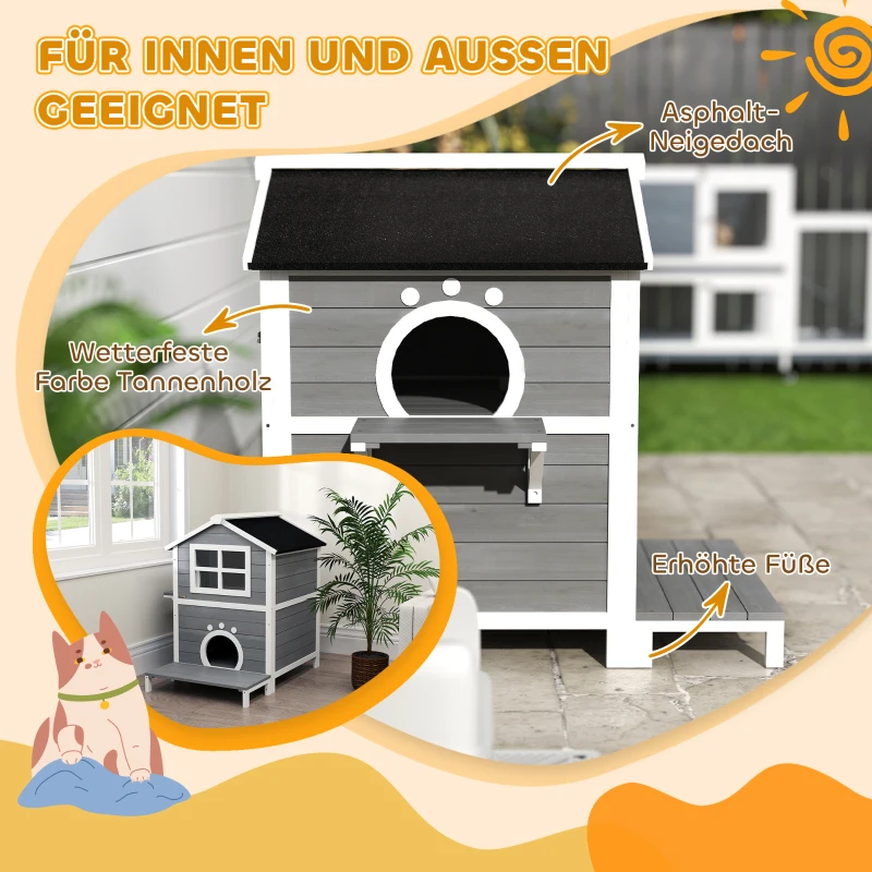 PawHut Buitenkattenhuis met Weerbestendig Dak, Venster, Balkon, Uitneembare Bodem, 2 Niveaus, voor 1-2 Katten, Grijs