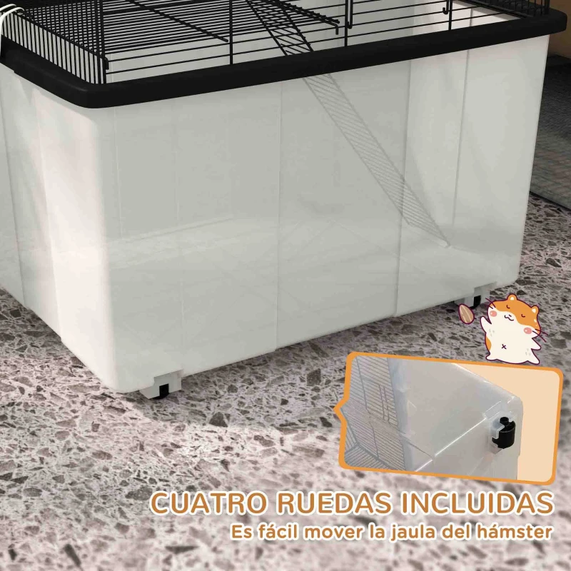 PawHut Jaula para Hámster con Fondo Profundo Plataforma Cuenco Bebedero Rampa y Ruedas 57x43x57 cm Negro