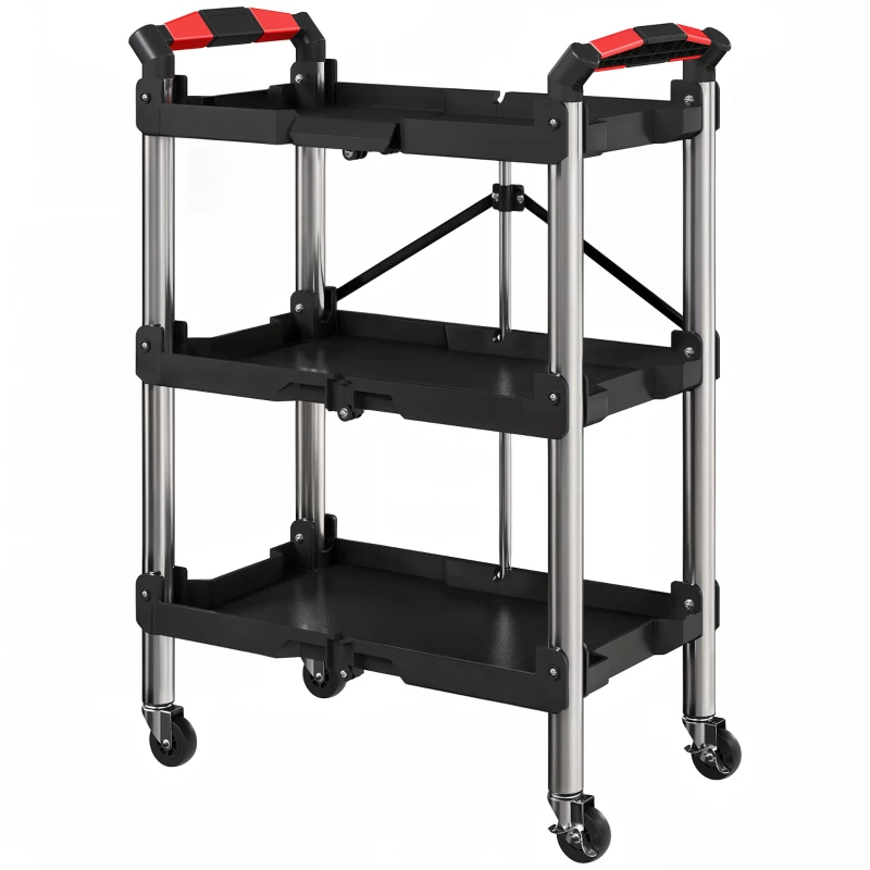 HOMCOM Gereedschapstrolley, Opvouwbare 3-Laagse Gereedschapswagen, Kunststof, Staal, Zwart