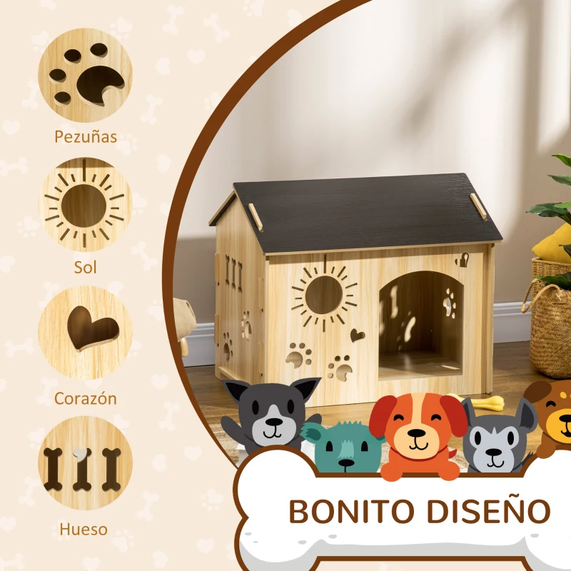 PawHut Caseta de Madera para Perros Pequeños Caseta de Interior para Mascotas con Grabados de Formas 69x50x58,5 cm Roble