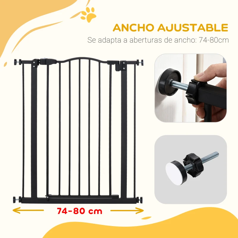 PawHut Barrera de Seguridad para Perros 74-80 cm con 2 Extensiones Montaje a Presión Doble Bloqueo para Puerta Escalera Negro