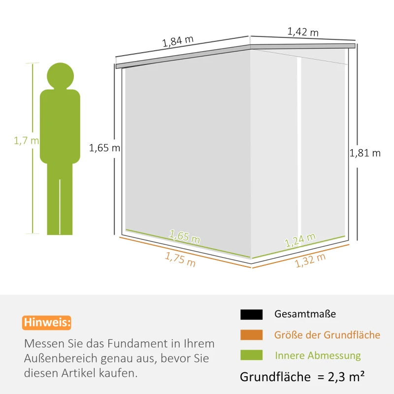 Outsunny Gartenschuppen aus Metall, verzinkter Stahl, verschließbare Tür, leichte Montage, 142 x 184 x 165/181 cm, Grau(m-3)