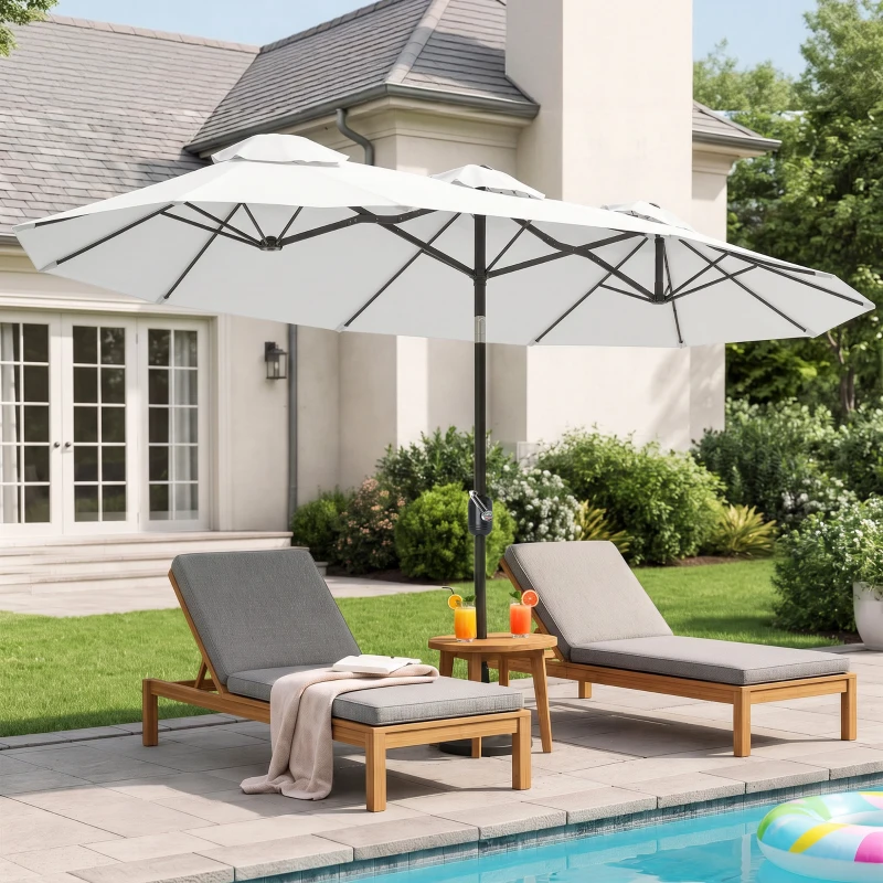 Outsunny Sonnenschirm, Gartenschirm, neigbar, mit Handkurbel, Winddach, Polyester+Stahl, Cremeweiß, 295 x 152 cm