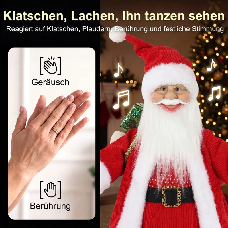 HOMCOM Zingende ski-kerstman, 66 cm, geanimeerde staande kerstfiguur met ski's, cadeautas en geluids-/aanraakactivatie