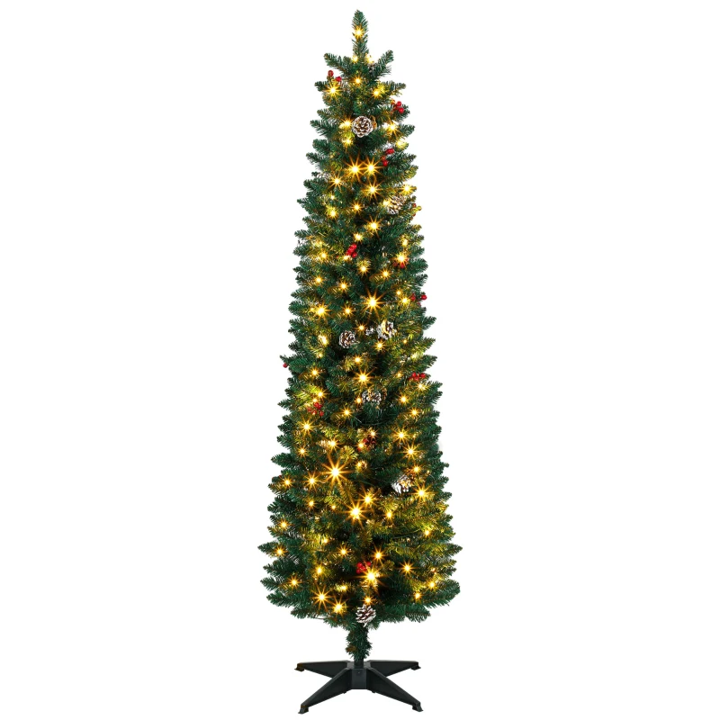 HOMCOM Sapin de Noël Artificiel Crayon 180cm, Pré-éclairé 170 LEDs, 11 Modes, 351 Branches, Télécommande, Base Amovible, Vert