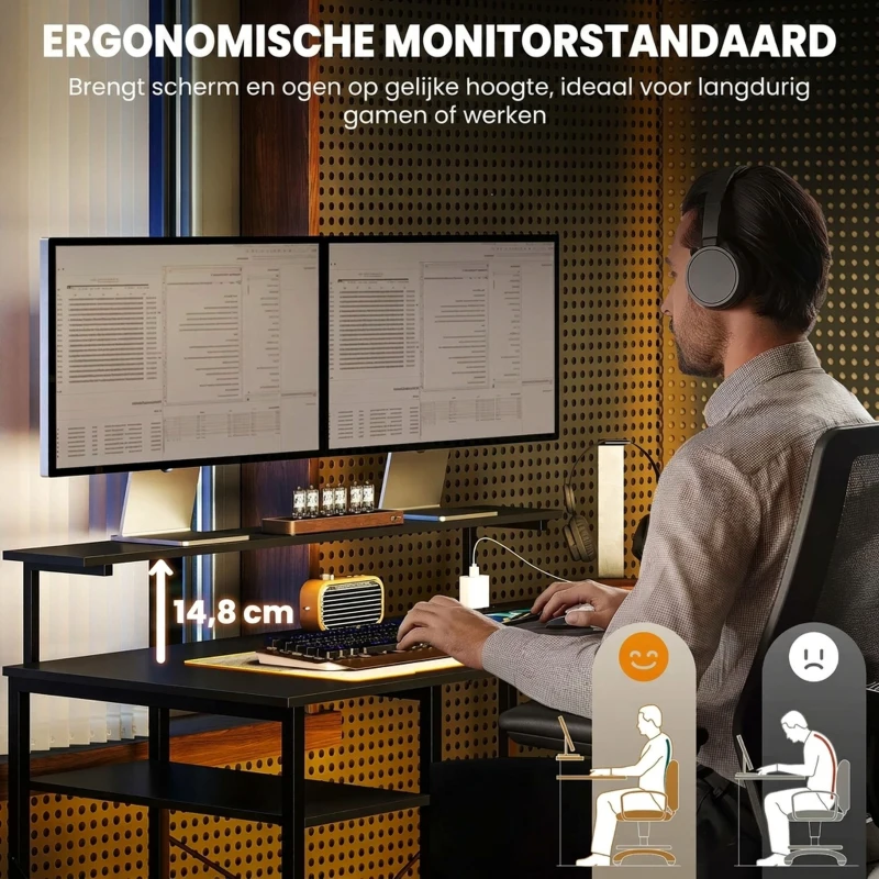 HOMCOM L-vormig bureau met oplaadstation, hoekcomputertafel met monitorstandaard en planken, voor thuiskantoor, kantoor, zwart(m-5)