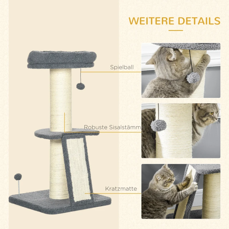 PawHut kattenboom, een platform, hangende speelgoedbal, sisal, donkergrijs+roomwit, 48 x 48 x 92 cm