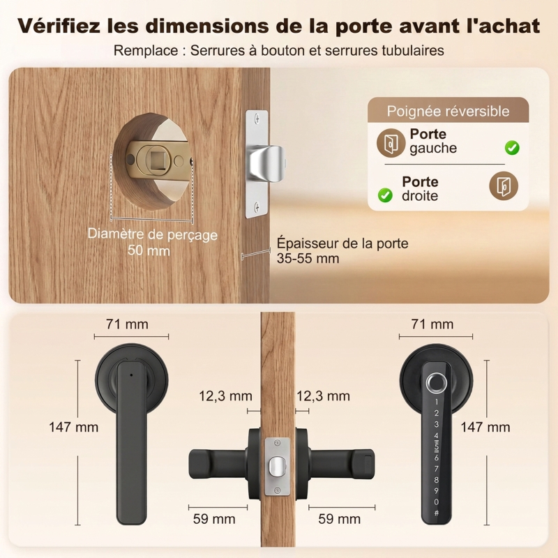HOMCOM Serrure de Porte Intelligente, 5 Accès par Empreinte, Code, Carte NFC, Application Tuya/Smart Life et Clé, Noir