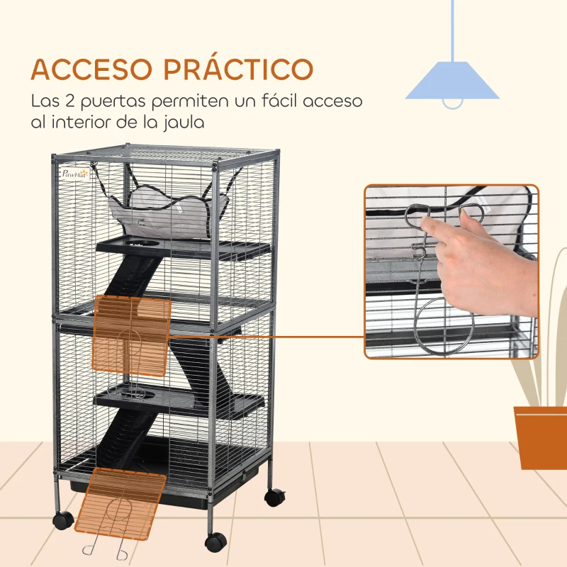 PawHut Parque para Mascotas con Ruedas 2 Puertas 3 Rampas Hamaca Colgante y Bandeja Extraíble para Cobayas 52x52x113,5cm Gris