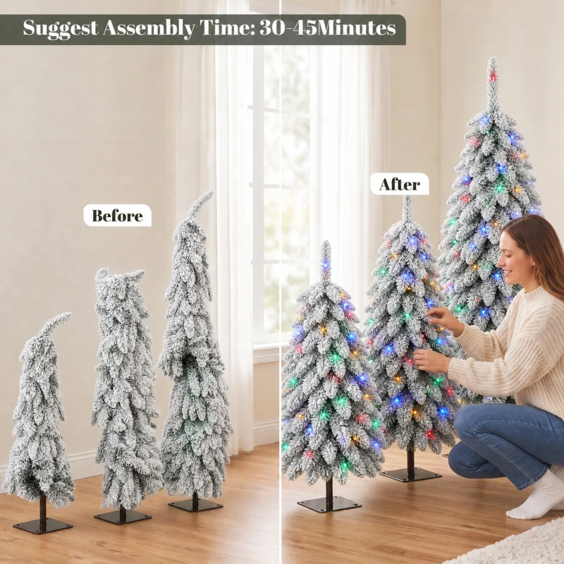 HOMCOM Artificial Christmas Tree Set of 3, Snowy Pre-Lit Christmas Tree with PVC Branch Tips, 90/120/150 cm, Green White