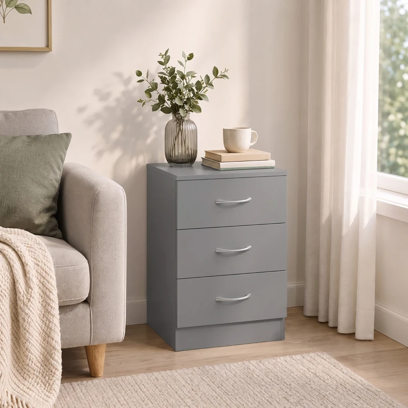 HOMCOM Three-Drawer Simple Bedside Table - Grey