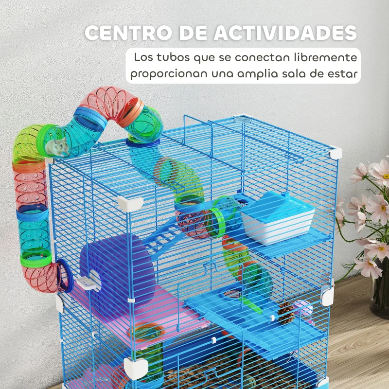 PawHut Jaula de Hámster con Túnel Plataformas Cuenco Bebedero Casita Rampas y Rueda de Ejercicio 46x30x58 cm Azul
