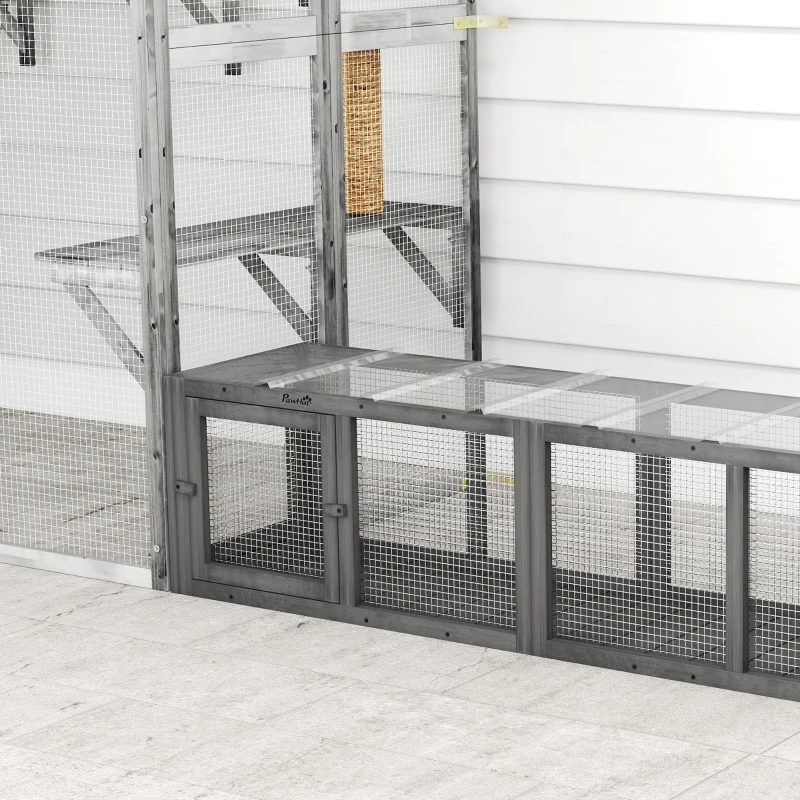 PawHut Kattentunnel kattenspeelgoed van hout met 3 deuren, uitbreidbaar speeltunnel voor katten tot 10 kg, 151,5 x 38,5 cm Grijs