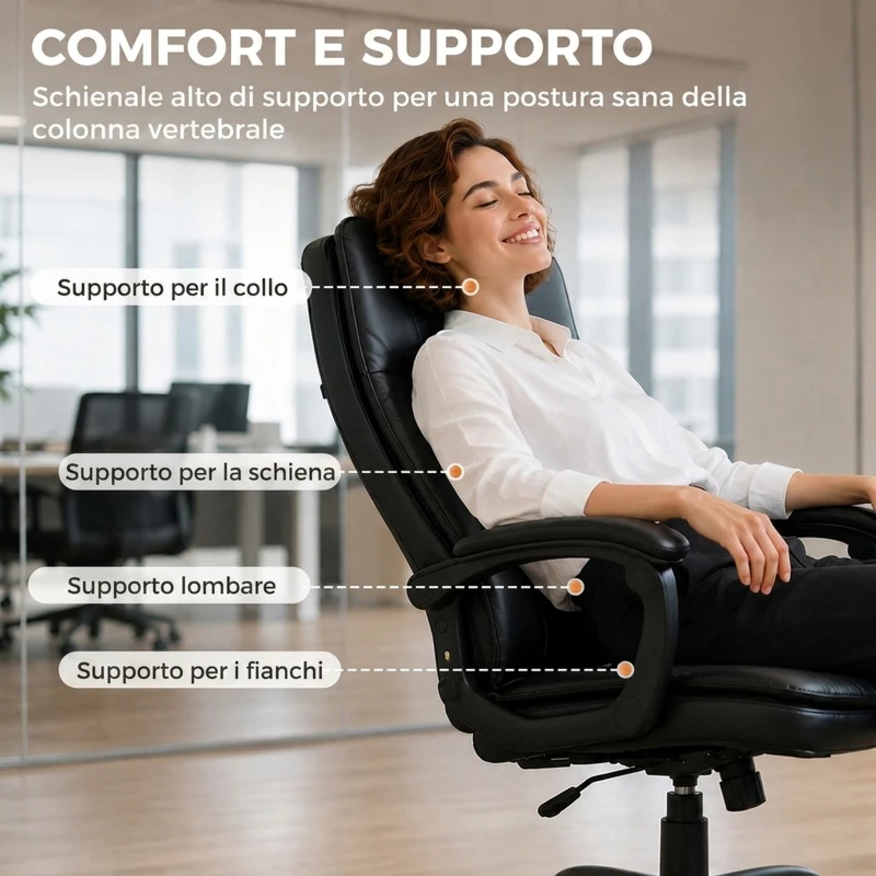 HOMCOM Sedia Ufficio Girevole in Pelle PU, Funzione Dondolo, Schienale Alto, Altezza Regolabile, Capacità 120kg, Nero