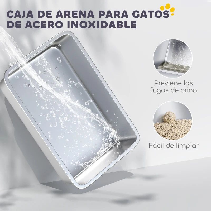 PawHut Arenero para Gatos Cubierto con Bandeja de Acero Inoxidable Tapa Extraíble Bordes Altos Fácil de Limpiar Blanco