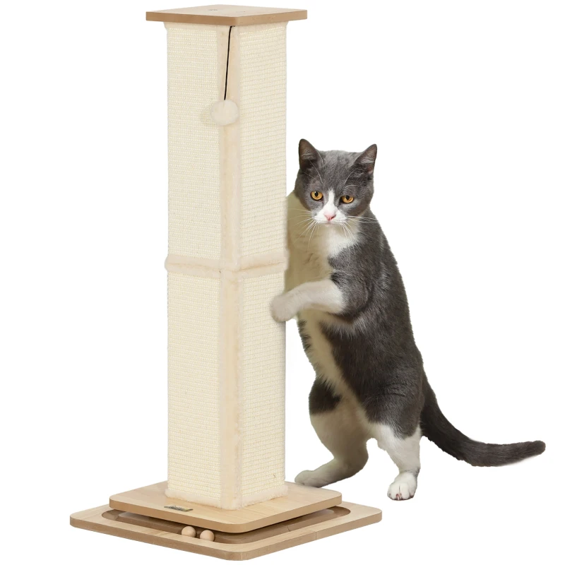 PawHut 3-in-1 Krabpaal met Speelrail, Speelbal, Sisal, tot 10 kg, 39,5 x 39,5 x 87 cm, Eiken/Crème