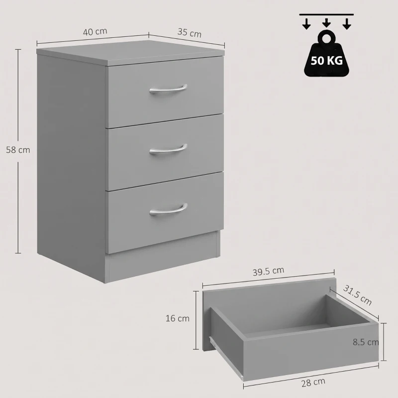 HOMCOM Three-Drawer Simple Bedside Table - Grey