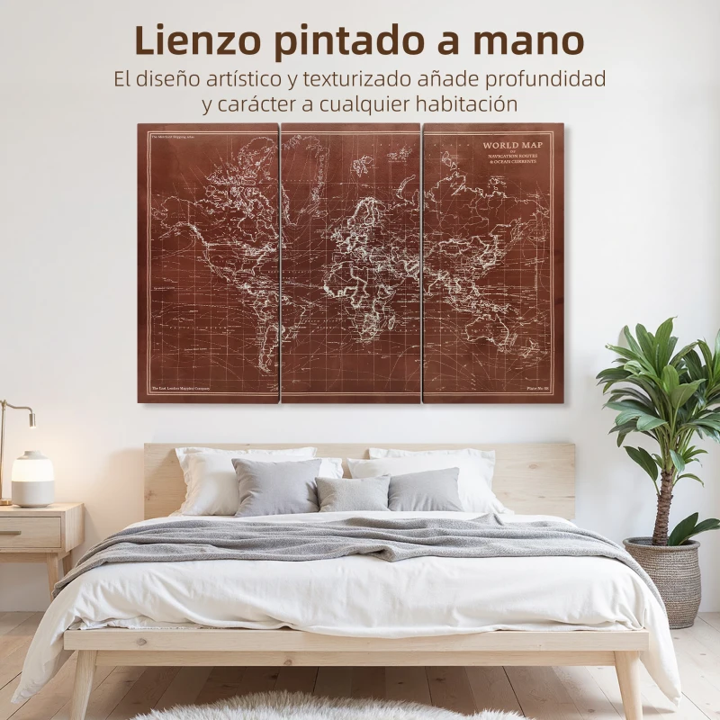 HOMCOM Cuadros en Lienzo Trípticos Mapamundi Vintage a Mano 120x60 cm con Marco de Madera Decoración para Dormitorio Marrón