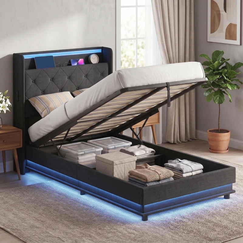 HOMCOM 3ft Single Bed Frame with Headboard, Platform Bed Frame with Hydraulic Storage, LED Lights and Charging Station, Black