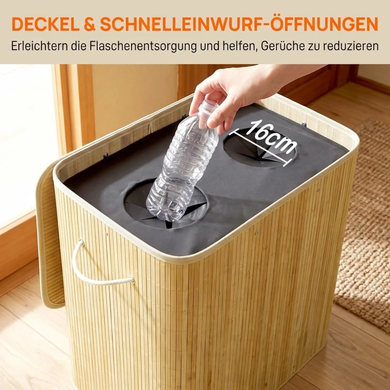 HOMCOM Pfandflaschen Sammelbehälter mit Deckel 150L, Bambus Pfandflaschen Organizer mit Zwei Tasche für Küche