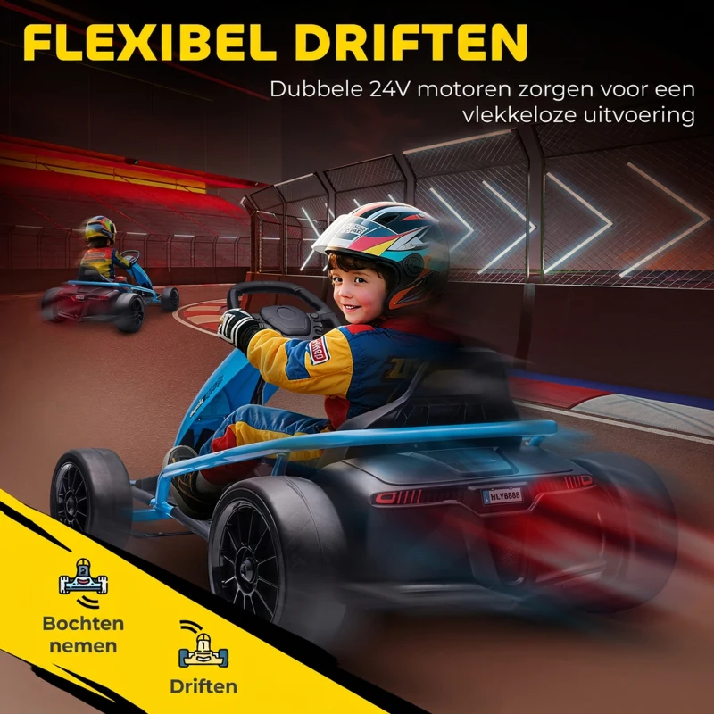 HOMCOM Elektrische Go-kart voor Kinderen, Driftfunctie, Claxon, Muziek, Veiligheidsgordel, Soft-Start, Blauw/Zwart(m-5)