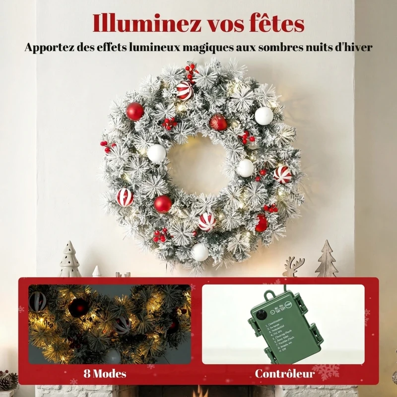 HOMCOM Couronne de Noël Lumineuse 60 cm Enneigée Floquée avec 50 LED, 15 Boules Décoratives, 140 Branches, 8 Modes, Vert
