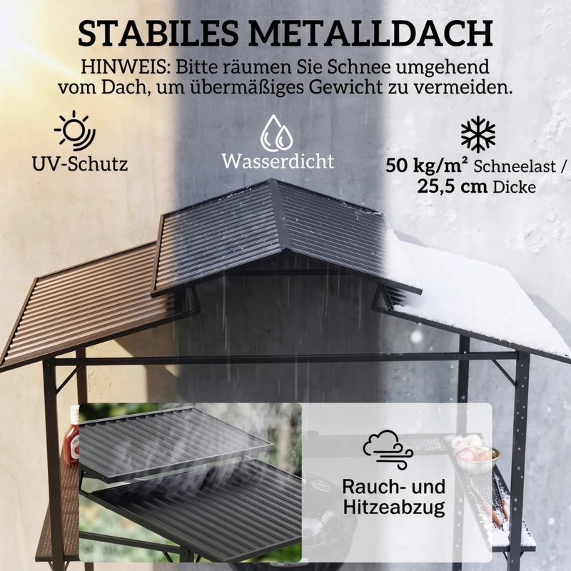 Outsunny Grillpavillon 250 x 160 x 250 cm wasserdicht Gartenpavillon mit Doppelschichtdach, Seitenregalen Schwarz