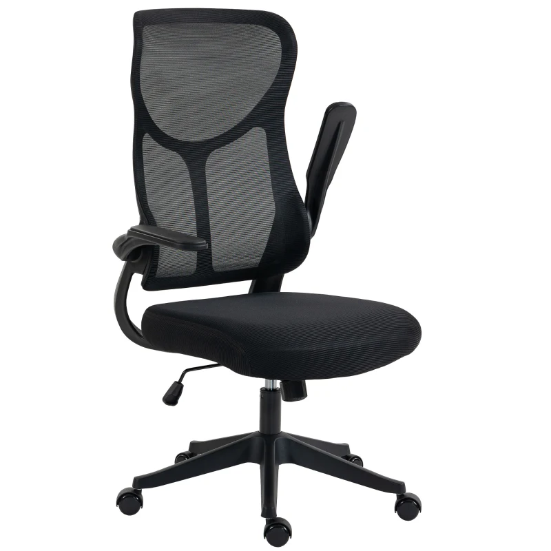 HOMCOM Scaun de birou ergonomic rotativ cu brațe rabatabile, funcție de balans, înălțime reglabilă, din plasă, negru