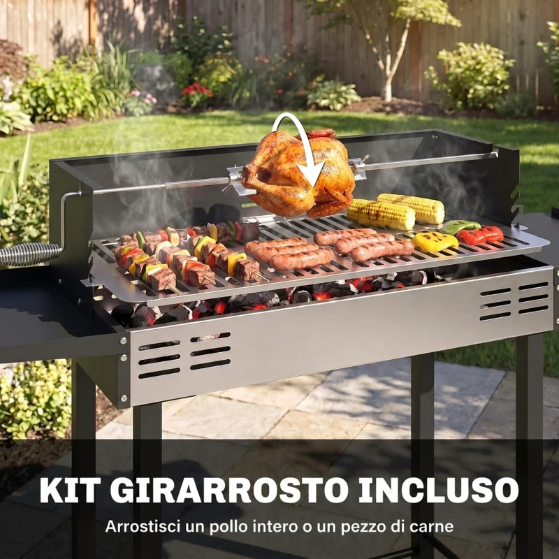 Outsunny Barbecue a Carbone a 3 Livelli con Mensole Pieghevoli e Girarrosto, in Acciaio Inox, 118x32x90 cm, Nero