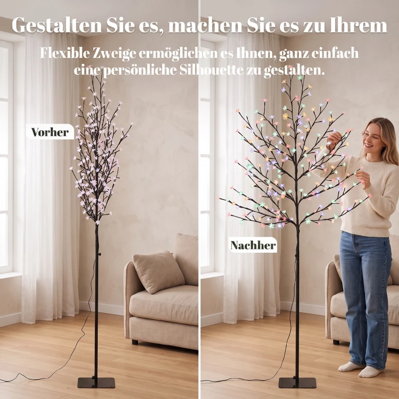 HOMCOM LED-kersenbloesemboom 180 cm met 200 leds, kunstmatige lichtboom met 20 buigzame takken, kerstdecoratie