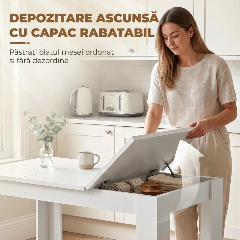 HOMCOM Masă de dining modernă cu spațiu de depozitare, 120 cm, albă