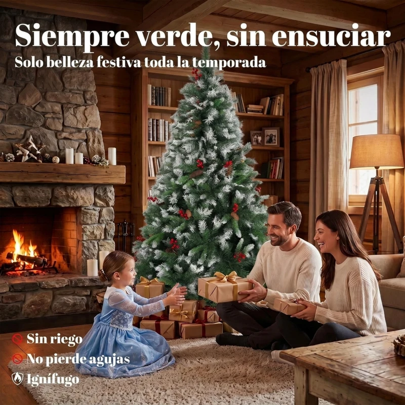 HOMCOM Árbol de Navidad Artificial Nevado 180 cm con 840 Ramas Bayas Rojas Piñas Base de Acero Plegable Montaje Rápido Verde