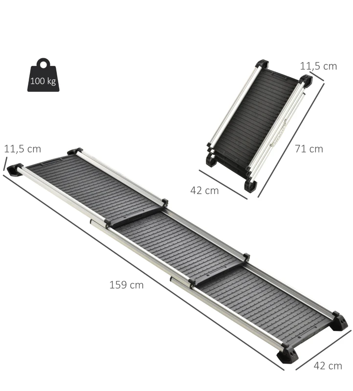 PawHut Rampa para Mascotas Plegable de Aleación de Aluminio con Superficie Antideslizante Rieles Laterales y Asa Fácil Transporte Carga Máx. 100 kg 159x42x11,5 cm Negro