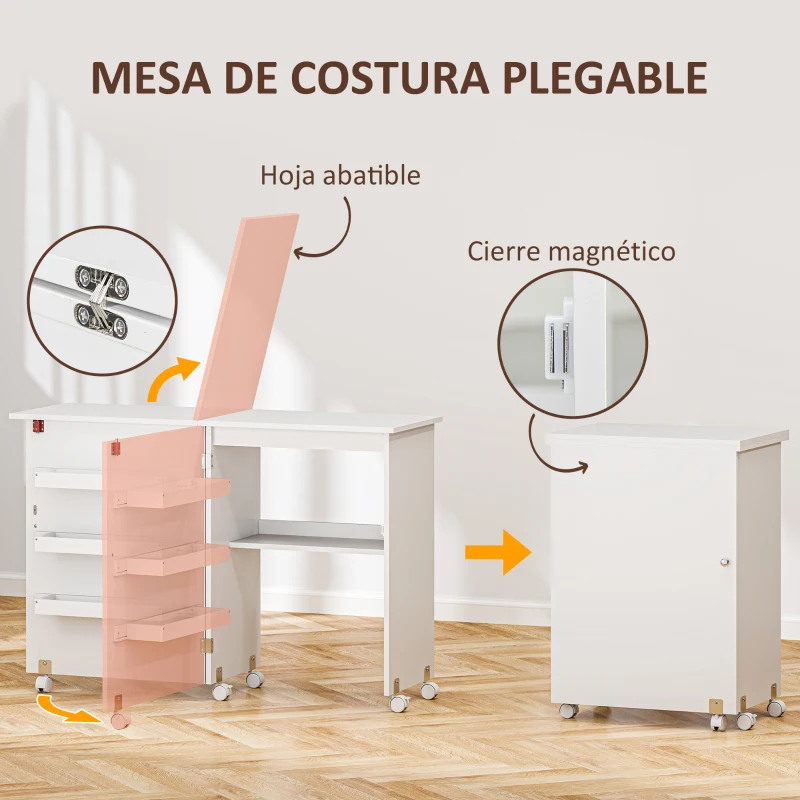HOMCOM Mesa Plegable de Costura con Compartimentos de Almacenamiento Estante Abierto y 5 Ruedas para Dormitorio Salón Blanco