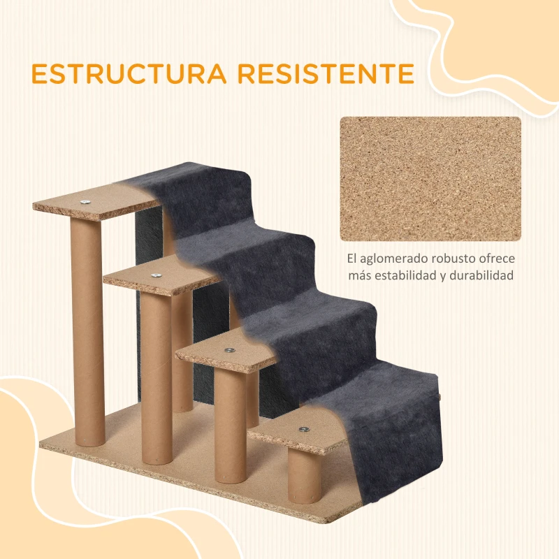 PawHut Escalera para Mascotas de 4 Peldaños con Funda Extraíble y Lavable para Cama Sofá 60x35x44 cm Gris Oscuro