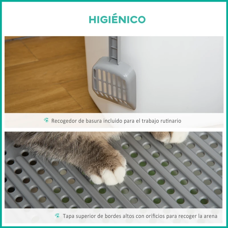 PawHut Arenero para Gatos Cubierto con Pala Inodoro para Gatos con 2 Puertas Principal y Superior 44x55x39 cm Blanco y Gris